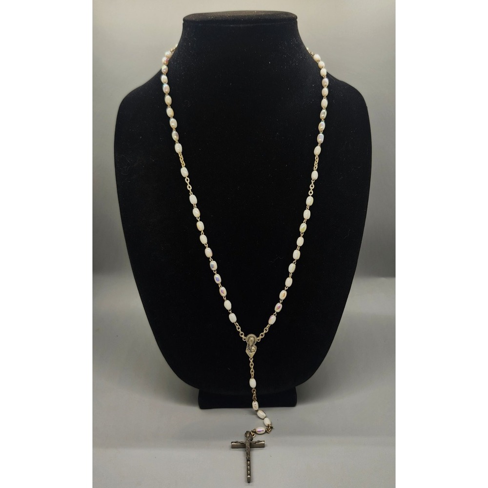 Catholic Rosary Necklace Long Iridescent Beads Crucifix Madonna Gold Silver Tone